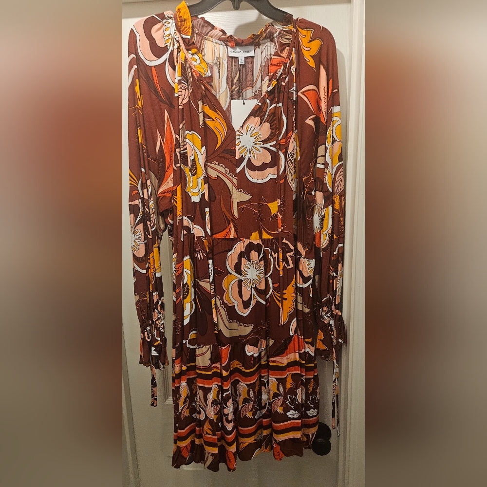 NWT Gibson Latimer Long Raglan Sleeve Tie Neck‎ Dress: Burgundy Floral: Size- XL
